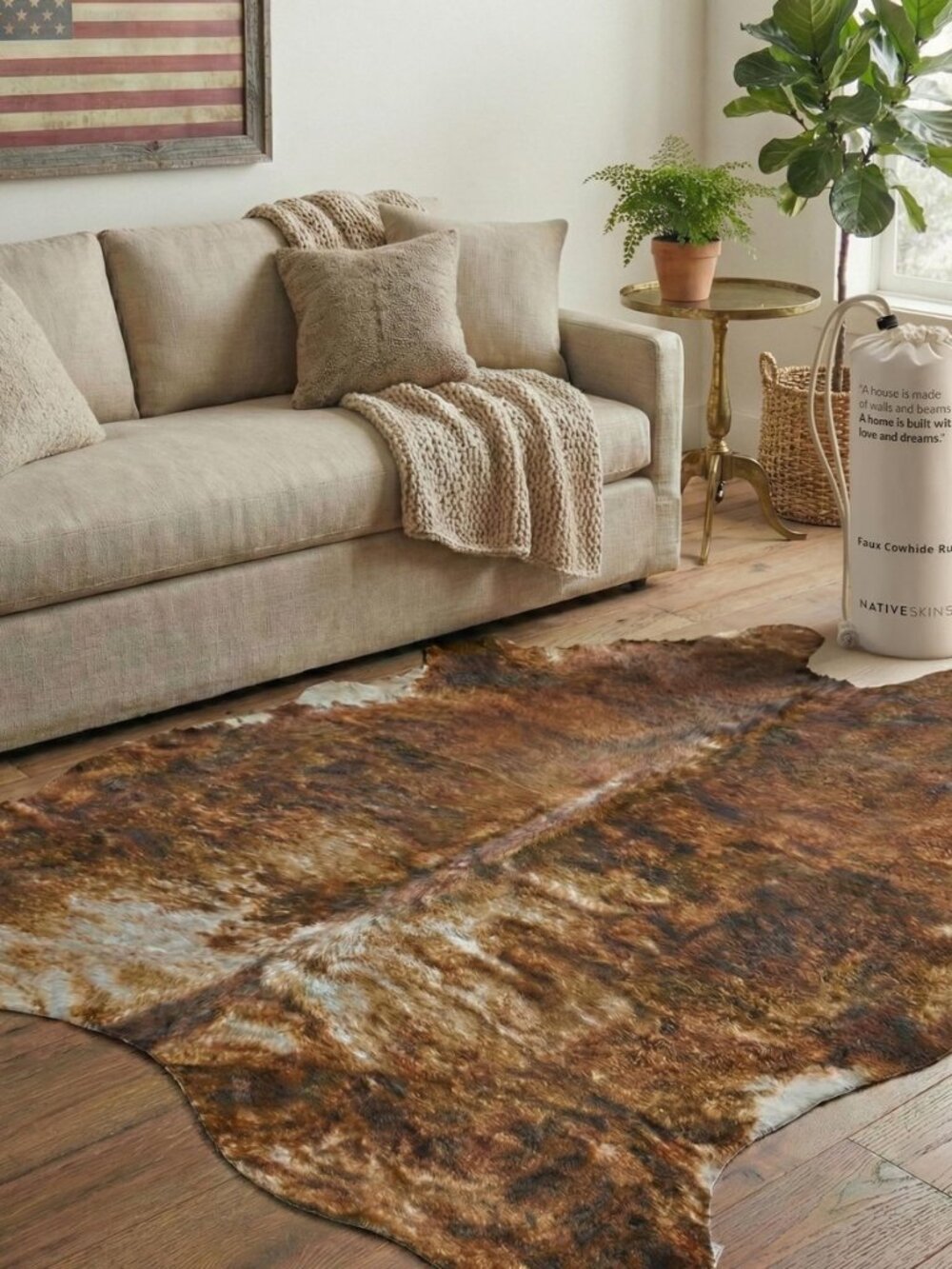 Faux Cowhide Rug 4'7"x6'7" - Brindle Cow Print Rug, Washable, Non-Shedding